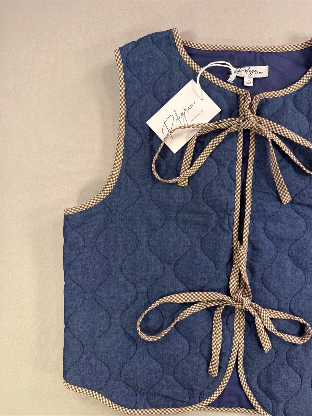 Polagram Blue Quilted Vest with Check Trim - Picture 2 of 14